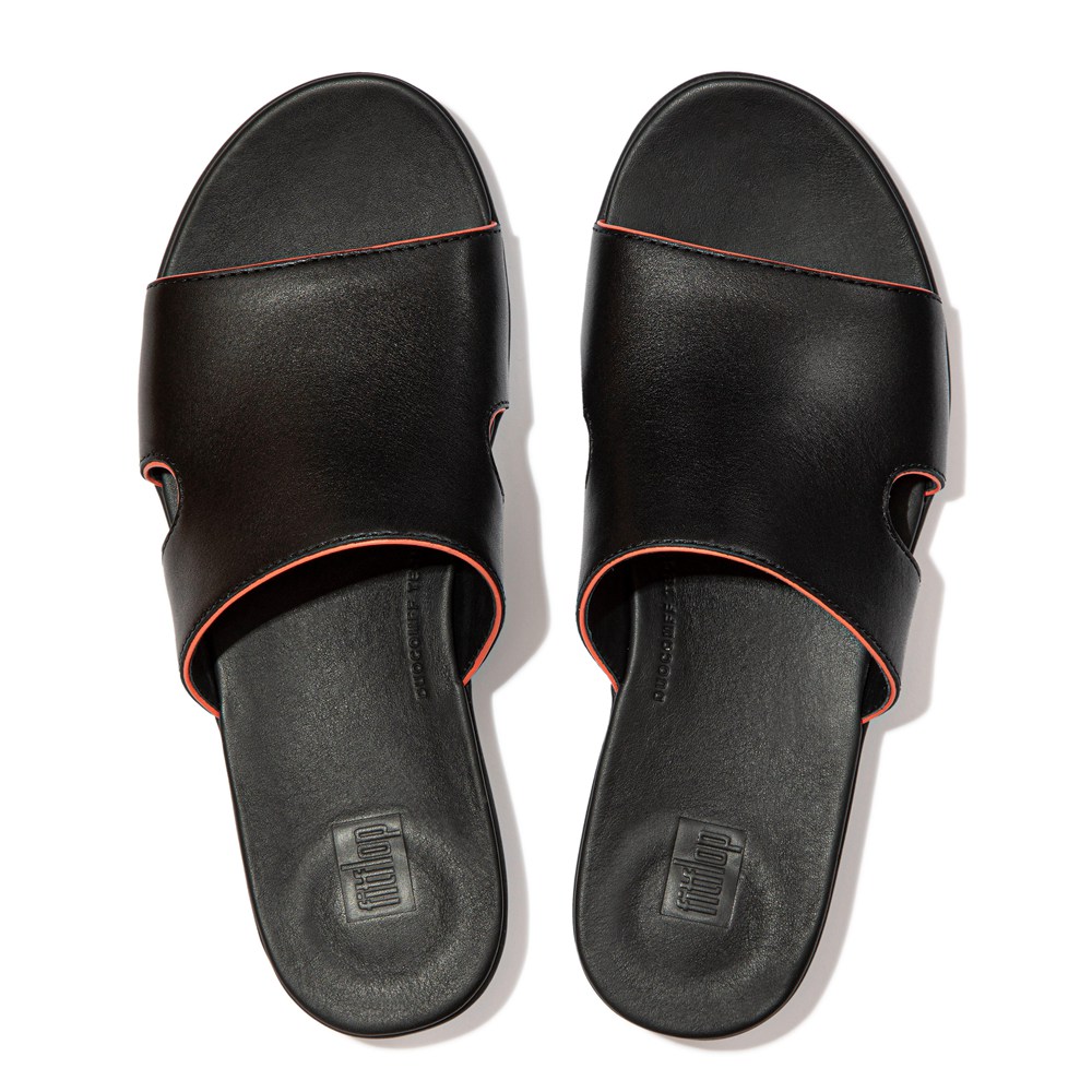 Fitflop Womens Slides Black - H-bar Pop-binding Leather - 29KTUHBFL